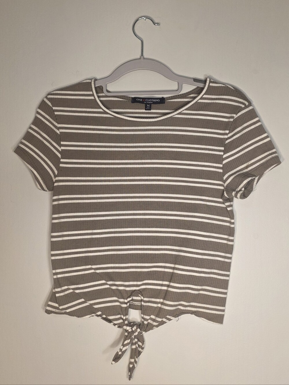 Striped Tie-Front Crop Tee - Taupe/White